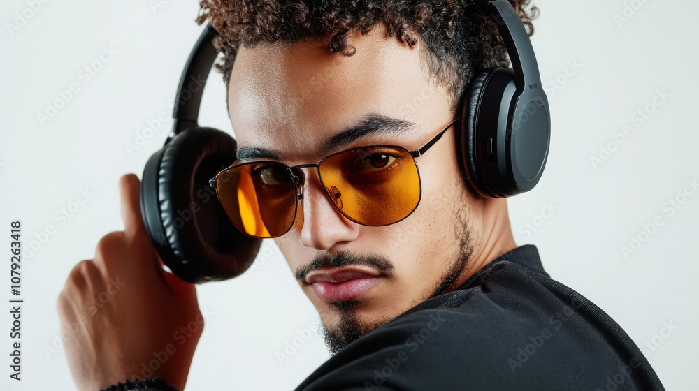 Young man in sunglasses with headphones - modern style and fashion concept Young man in sunglasses with headphones - modern style and fashion concept