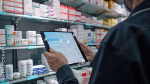 A male pharmacist is holding a computer tablet used to fill out a prescription at a pharmacy.