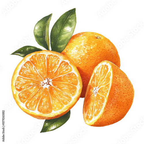 Vibrant watercolor drawing of juicy oranges with green leaves on a transparent background capturing fresh citrus delight, oranges in drawing isolated on transparent background photo