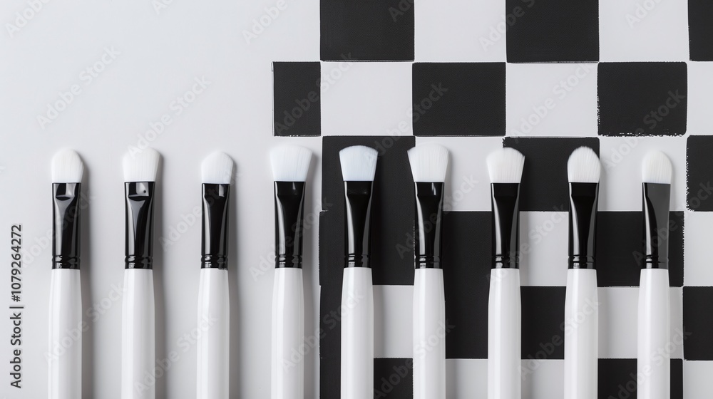 Obraz premium Black and white markers on checkered pattern, minimalist design, creative flat lay, artistic tools, monochrome aesthetic, clean and modern, high-resolution.