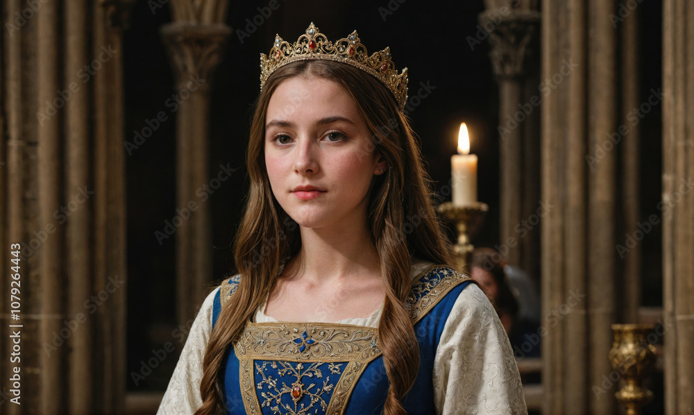 Fototapeta premium A young woman wearing a crown and a blue and gold dress stands in a castle, lit by candlelight