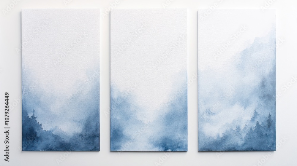 Fototapeta premium Abstract watercolor triptych with soft blue tones and mist.