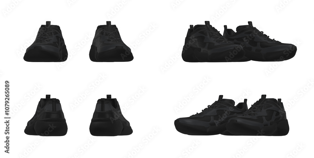 Black Sporty Sneakers Front and Back Views. Modern Athletic Shoes on White Background.