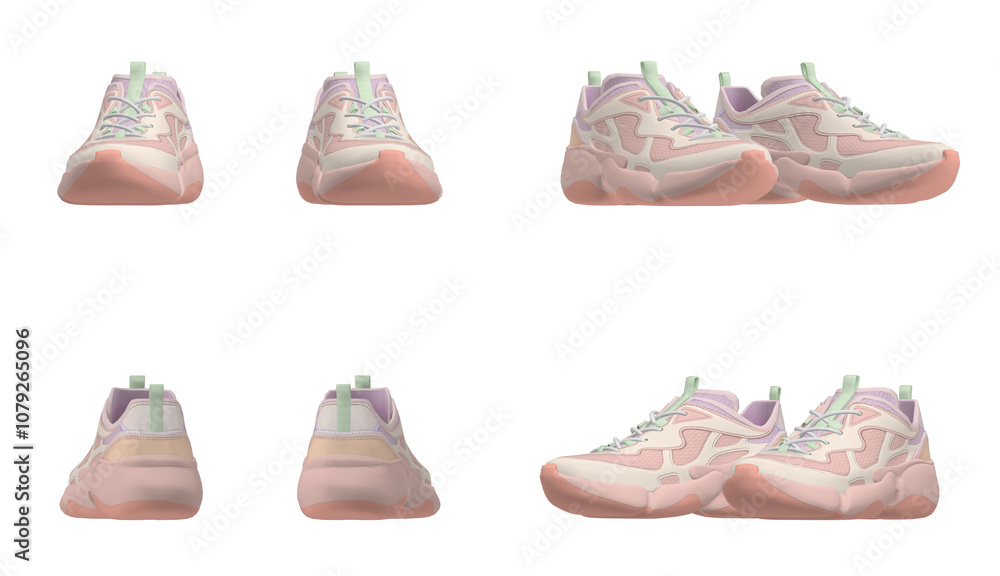 Pastel Pink and Mint Sneakers Front and Back Views. Stylish Athletic Shoes on White Background.