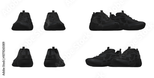 Obraz na płótnie Black Sporty Sneakers Front and Back Views. Modern Athletic Shoes on White Background. w salonie