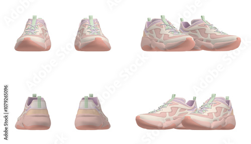 Obraz na płótnie Pastel Pink and Mint Sneakers Front and Back Views. Stylish Athletic Shoes on White Background. w salonie