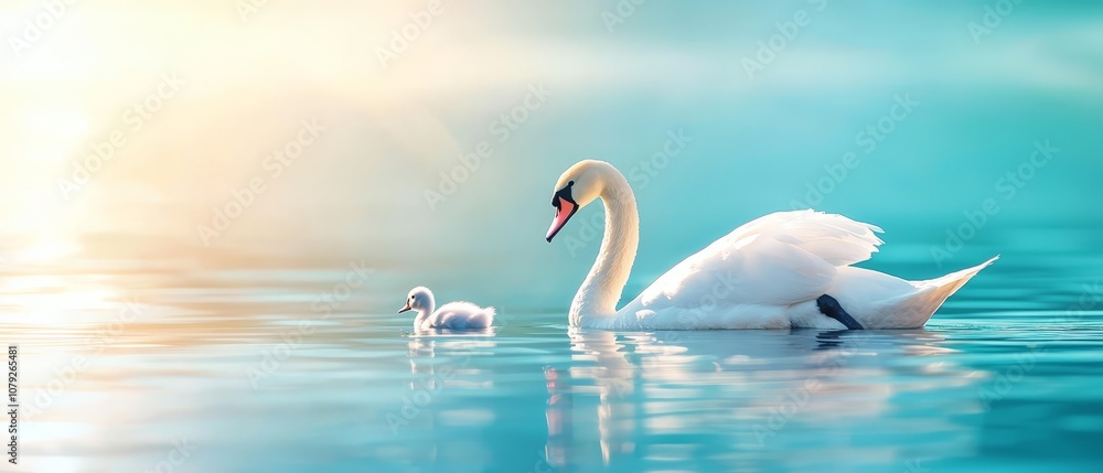 Fototapeta premium A mother swan and her baby swimming in the water