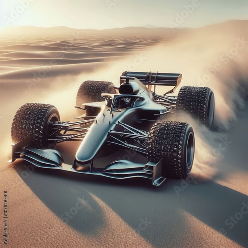 A sleek, modern Formula 1 car racing through sandy dunes, showcasing innovation and power in an unexpected environment. Perfect for automotive and motorsport themes. photo