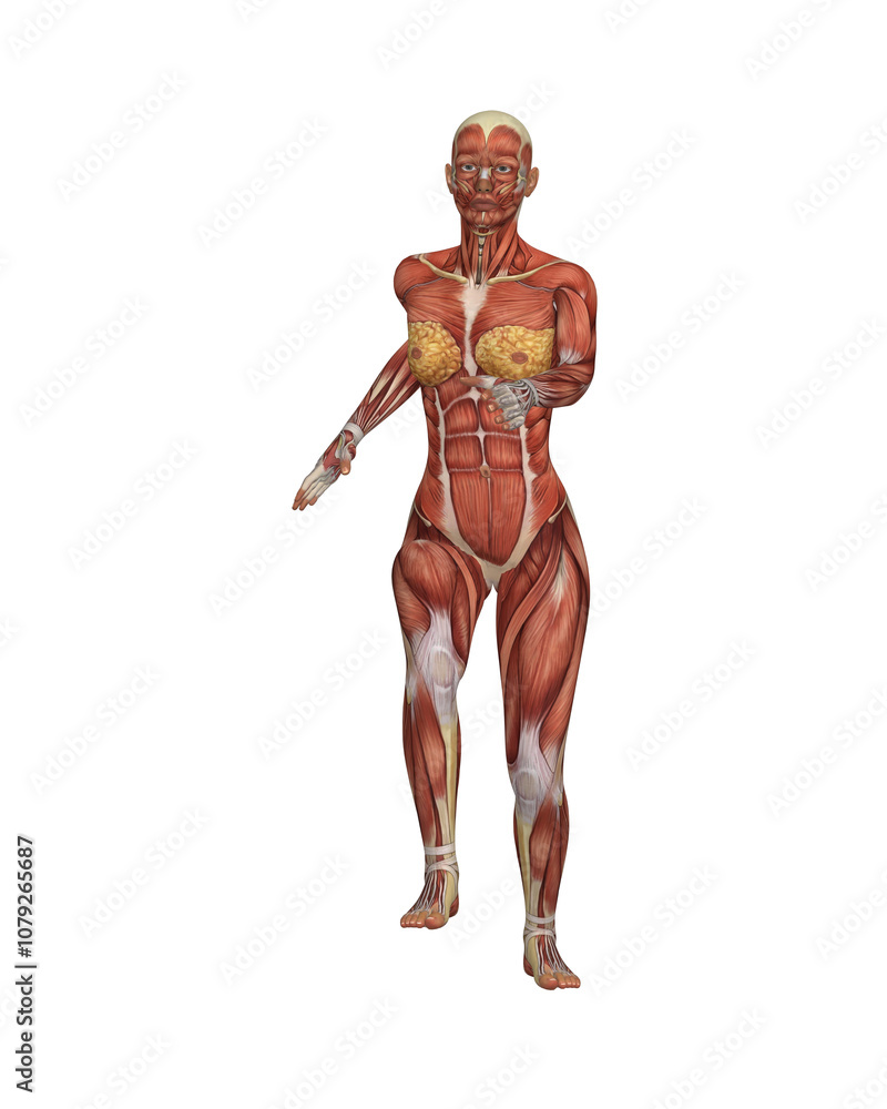 Female Muscular System Anatomy. Detailed Human Body Model Isolated on White Background. Female Muscular System Anatomy. Detailed Human Body Model Isolated on White Background.