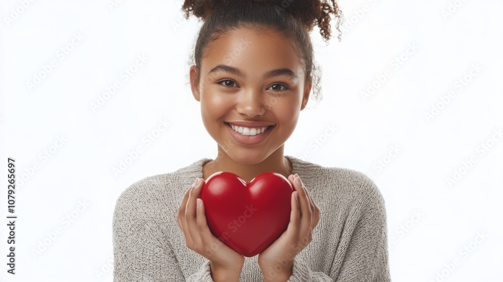 Studio portrait of smiling young woman holding red heart symbol for love and positivity Studio portrait of smiling young woman holding red heart symbol for love and positivity