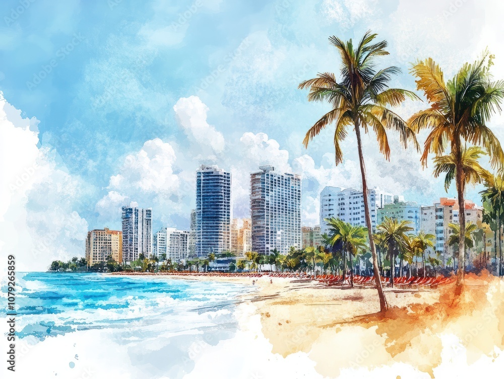 Watercolor sunny beachfront city with tall palm trees, ocean waves. Summer vacation and travel Watercolor sunny beachfront city with tall palm trees, ocean waves. Summer vacation and travel