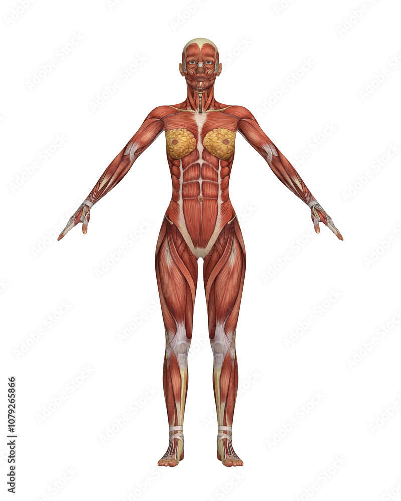 Female Muscular System Anatomy. Detailed Human Body Model Isolated on White Background. Female Muscular System Anatomy. Detailed Human Body Model Isolated on White Background.