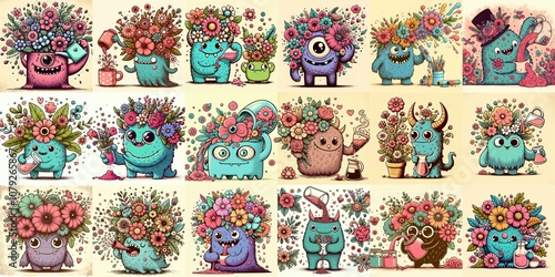 Monster with flowers cartoon. AI generated illustration