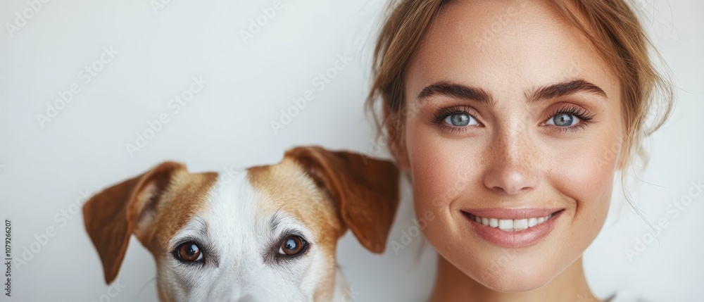 A woman with a dog looking at the camera A woman with a dog looking at the camera