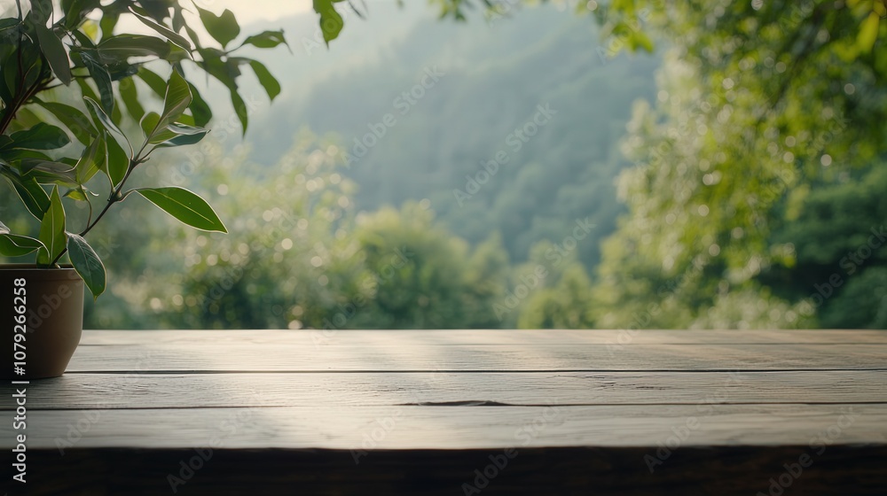 Obraz premium A serene wooden table in a lush green landscape during golden hour