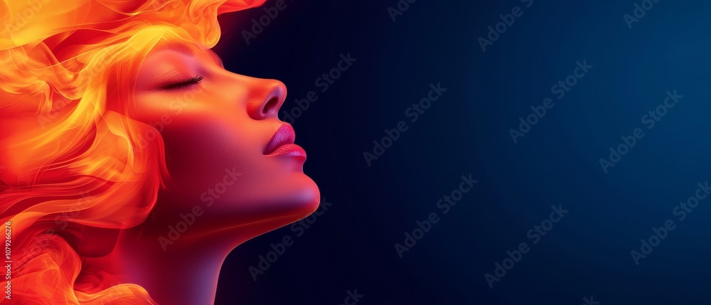 A woman with her eyes closed and her hair in flames A woman with her eyes closed and her hair in flames