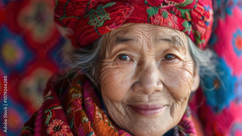 Against vibrant backgrounds, a dignified grandma's peaceful smile radiates with the serenity and fulfillment of a life well-lived Against vibrant backgrounds, a dignified grandma's peaceful smile radiates with the serenity and fulfillment of a life well-lived