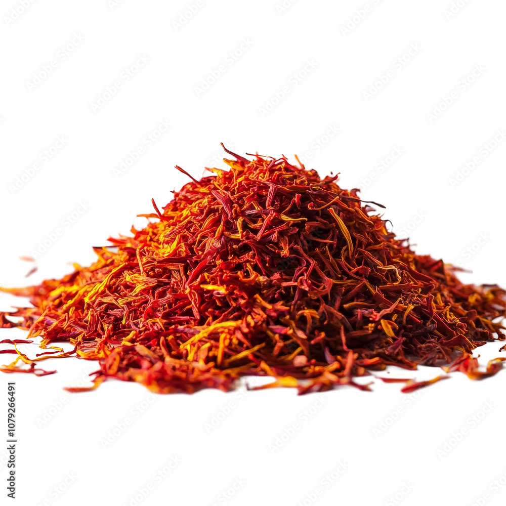 Fototapeta premium A vibrant heap of saffron spice showcasing its bright red and yellow hues against a plain background, Isolated heap of saffron spice