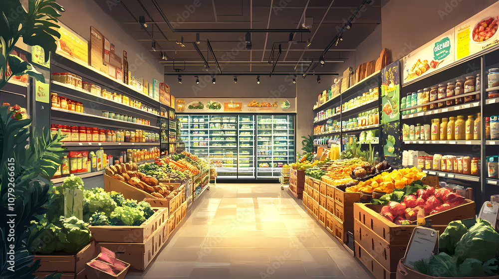 An organic grocery store with brightly lit shelves image. Organic. Illustration An organic grocery store with brightly lit shelves image. Organic. Illustration