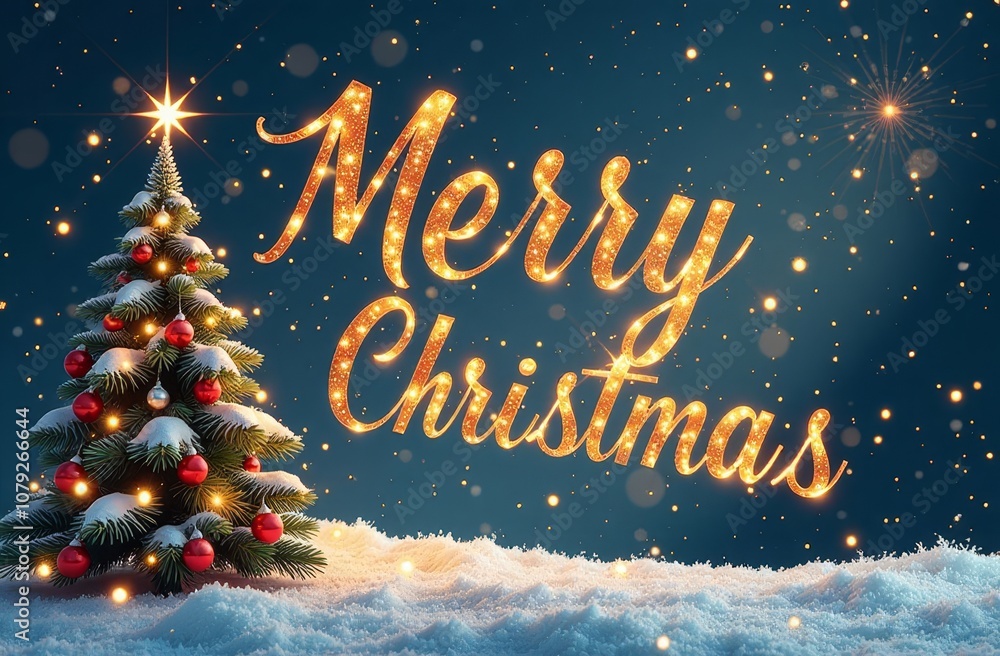 The banner on a dark background depicts a glowing Christmas tree with a star on top. Elegant inscription The banner on a dark background depicts a glowing Christmas tree with a star on top. Elegant inscription