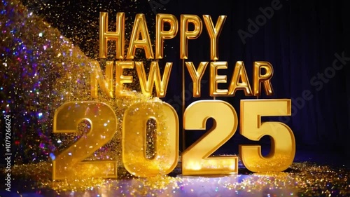 A Happy New Year 2025 greeting surrounded by golden confetti and floating particles, creating a festive and celebratory atmosphere for the new year.