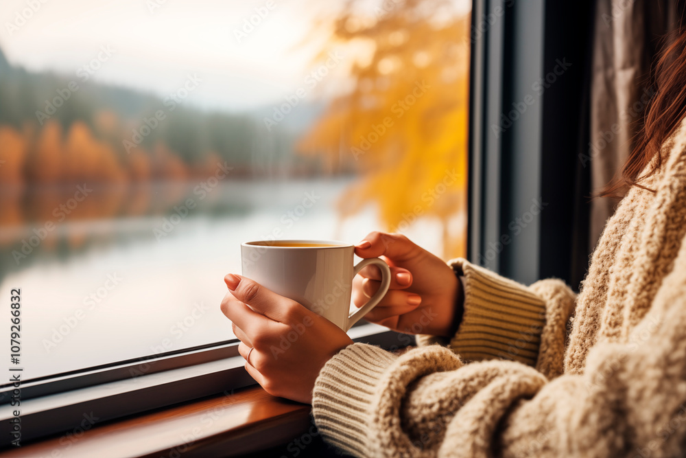 Manos de mujer sujetando una taza de café en la ventana con vistas a un lago y paisaje de otoño en el amanecer. Estilo de vida. Manos de mujer sujetando una taza de café en la ventana con vistas a un lago y paisaje de otoño en el amanecer. Estilo de vida.