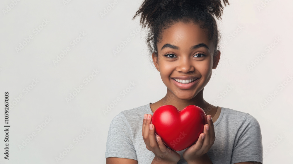 Studio portrait of young woman with red heart symbol for love and care Studio portrait of young woman with red heart symbol for love and care