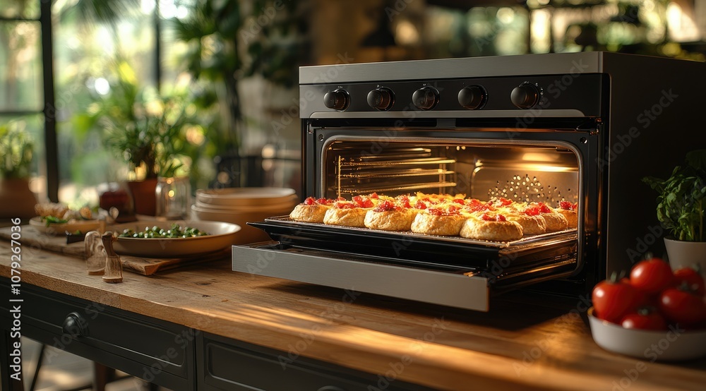 Freshly baked bread rolls with tomato sauce on top in a modern oven. Freshly baked bread rolls with tomato sauce on top in a modern oven.