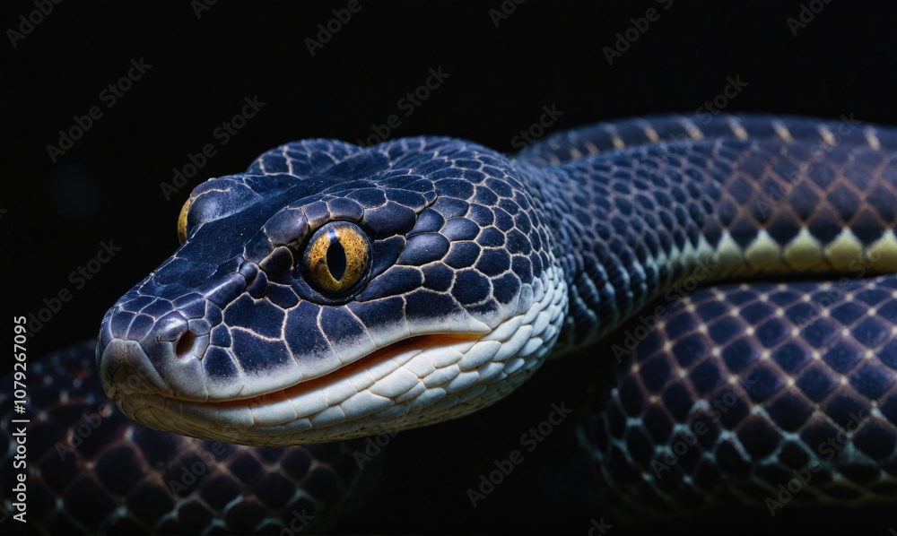 A close-up of a black snake with yellow eyes A close-up of a black snake with yellow eyes