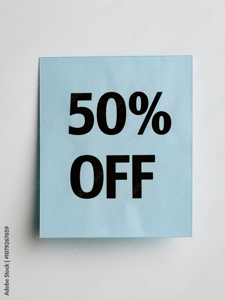 Black '50% OFF' Text on a Light Blue Square Paper Note. White Background Black '50% OFF' Text on a Light Blue Square Paper Note. White Background
