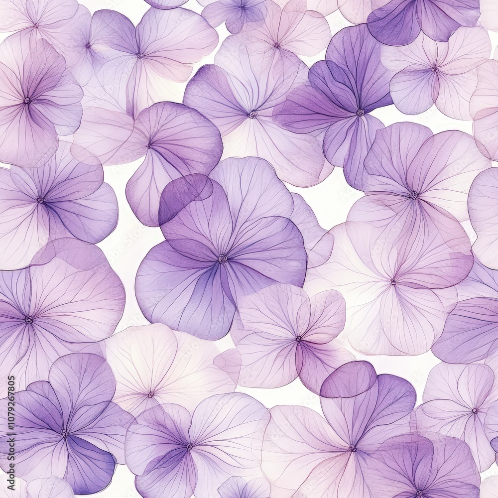 A delicate pattern of translucent purple flowers layered over a white background, creating a soft and serene aesthetic. A delicate pattern of translucent purple flowers layered over a white background, creating a soft and serene aesthetic.