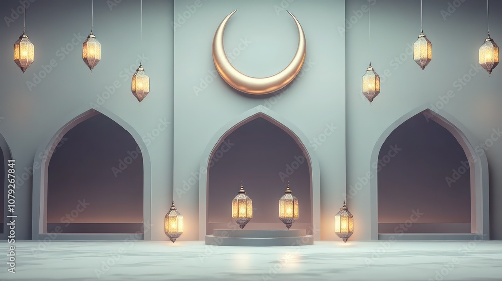 Fototapeta premium A stylized crescent at the top of a minimalist Ramadan card, with glowing lanterns floating below and subtle gray arches in the background.