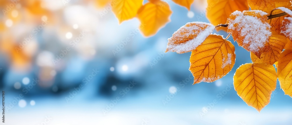 A branch of a tree covered in snow with yellow leaves A branch of a tree covered in snow with yellow leaves