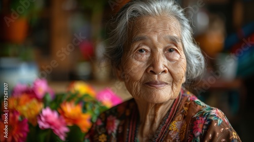 Against vibrant backgrounds, a dignified grandma's peaceful smile radiates with the serenity and fulfillment of a life well-lived