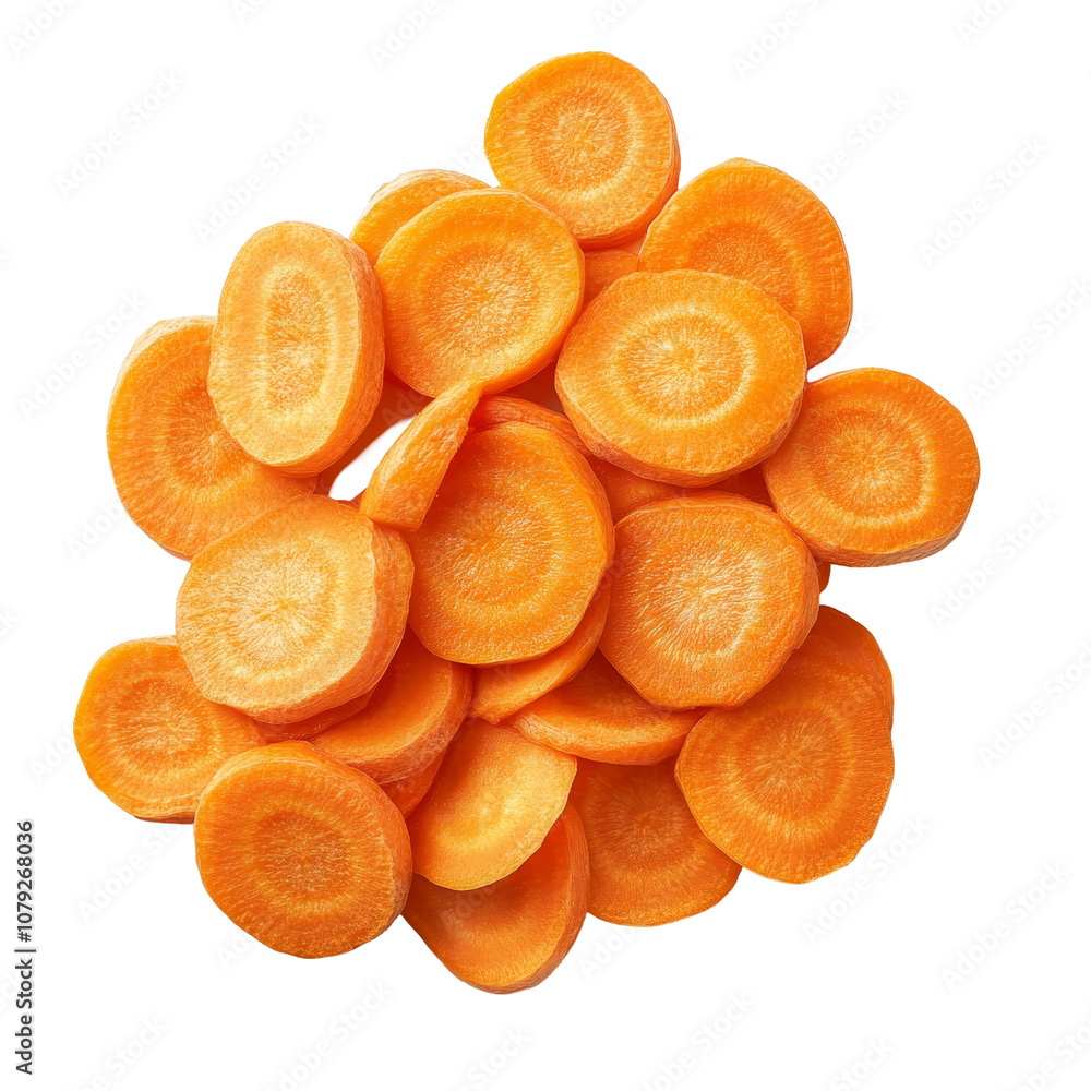 Freshly sliced carrot rounds on a transparent background showcasing vibrant orange color and natural texture, Carrot slices on transparent background Freshly sliced carrot rounds on a transparent background showcasing vibrant orange color and natural texture, Carrot slices on transparent background