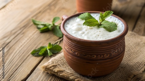 Ayran in ceramic cup with fresh mint leaves