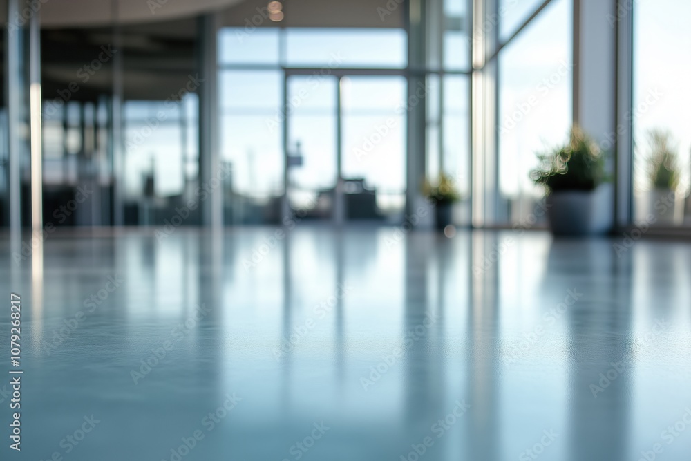Blurry reflection on polished floor in modern office interior, spacious and bright Blurry reflection on polished floor in modern office interior, spacious and bright