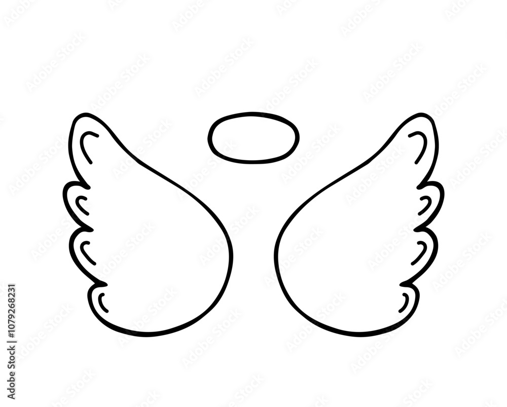 Angel wings are hand-drawn. Angel wings and a doodle-style halo. Contour vector illustration. Cute funny sloppy black ink drawing Angel wings are hand-drawn. Angel wings and a doodle-style halo. Contour vector illustration. Cute funny sloppy black ink drawing