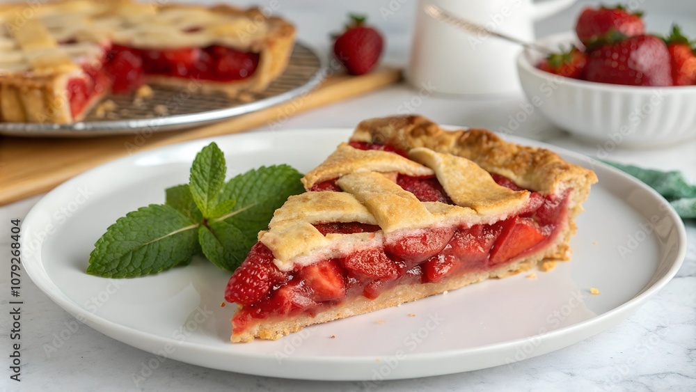 Slice of strawberry rhubarb pie with fresh mint garnish Slice of strawberry rhubarb pie with fresh mint garnish