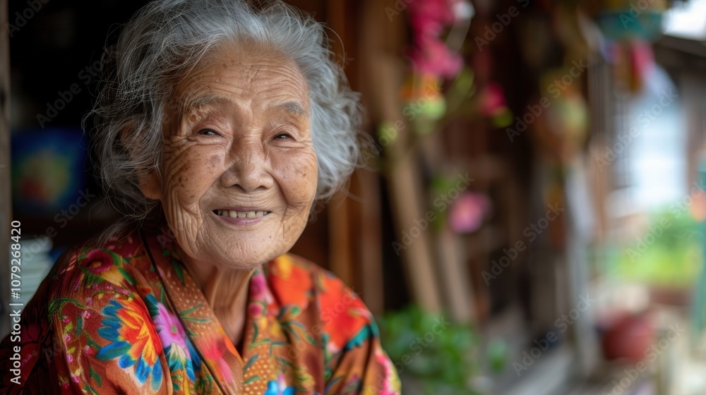 Against vibrant backgrounds, a dignified grandma's peaceful smile radiates with the serenity and fulfillment of a life well-lived Against vibrant backgrounds, a dignified grandma's peaceful smile radiates with the serenity and fulfillment of a life well-lived