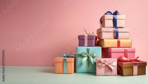 Colorful present boxes stacked playfully with ribbons against a pastel background ideal for festive celebrations. Generative AI