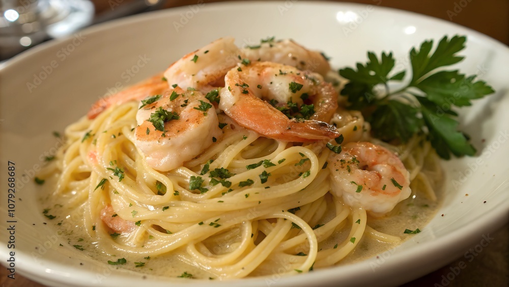 Shrimp scampi pasta with garlic and parsley in bowl Shrimp scampi pasta with garlic and parsley in bowl