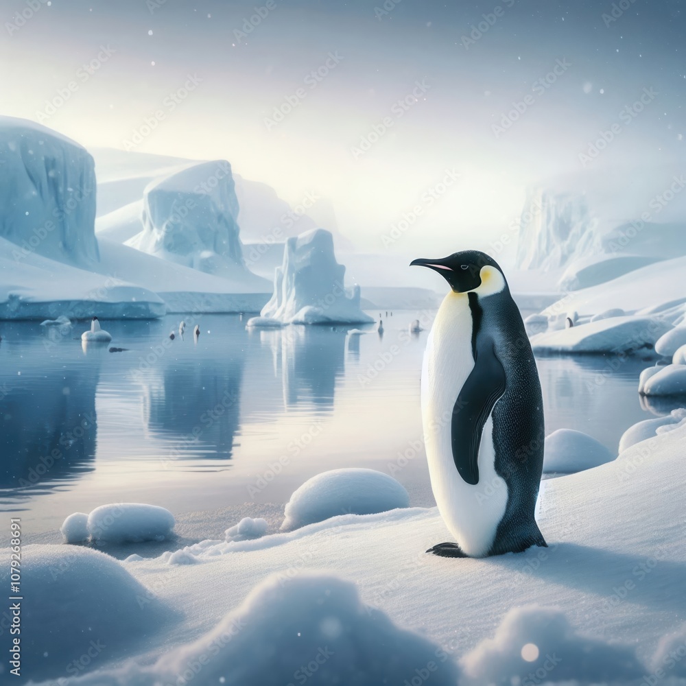 Fototapeta premium A serene and captivating image of an emperor penguin standing on snowy terrain, surrounded by icebergs and a tranquil waterway, ideal for nature and wildlife themes.