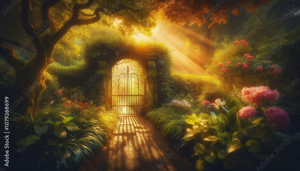 A mystical garden gate surrounded by vibrant foliage and bathed in golden sunlight, evoking a sense of magic, mystery, and the beauty of nature’s hidden pathways. Generative AI. A mystical garden gate surrounded by vibrant foliage and bathed in golden sunlight, evoking a sense of magic, mystery, and the beauty of nature’s hidden pathways. Generative AI.