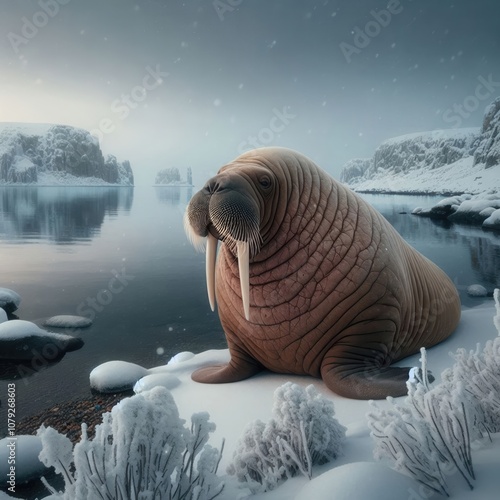 A majestic walrus lounging on a snow-covered shoreline, showcasing the serene beauty of Arctic wildlife in a tranquil, wintry landscape. Perfect for nature and environmental themes. photo