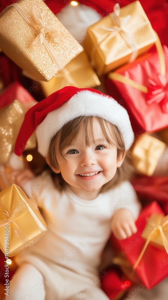 Smiling toddler wearing Santa hat surrounded by golden gift boxes Christmas Smiling toddler wearing Santa hat surrounded by golden gift boxes Christmas