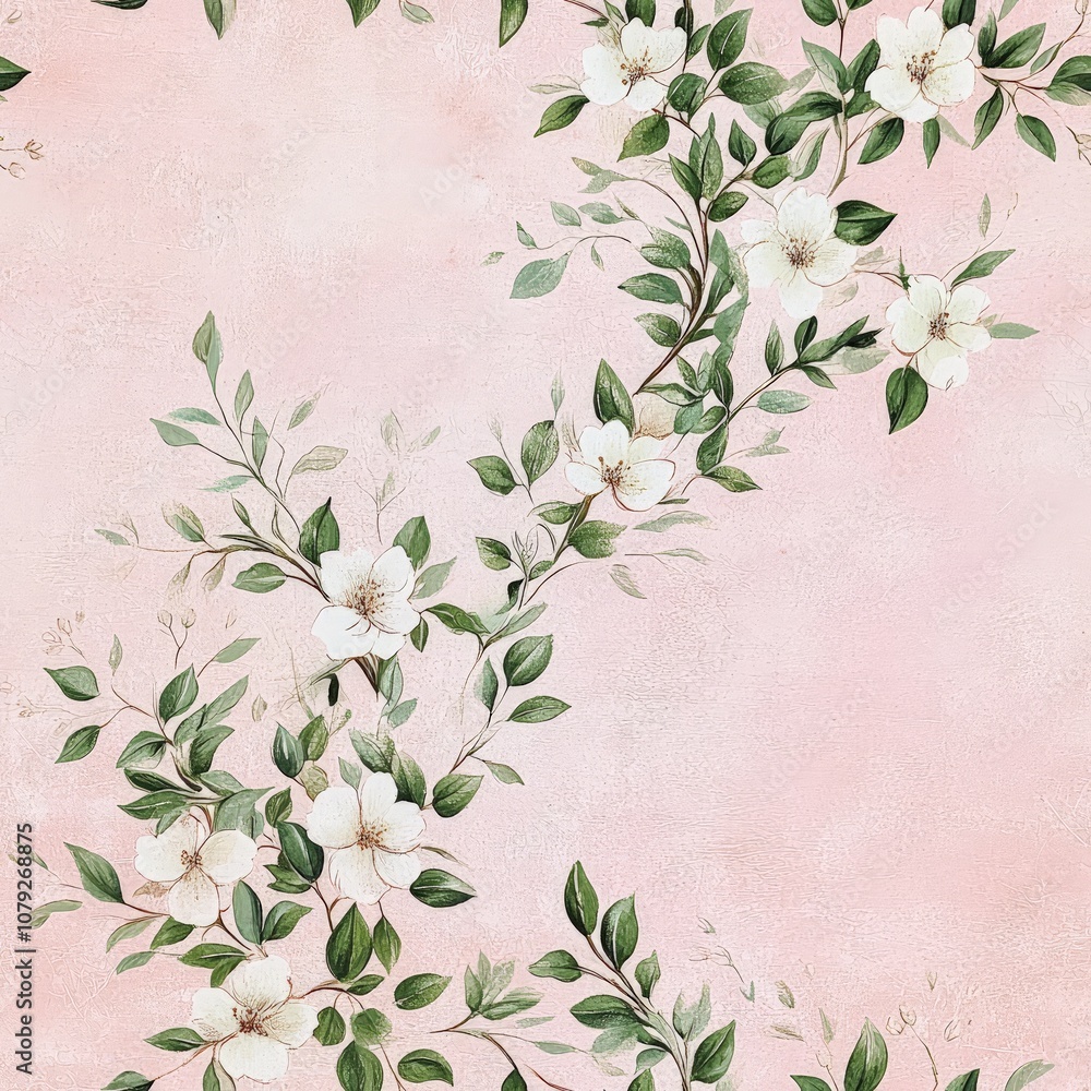 A delicate floral pattern featuring white flowers and green leaves on a soft pink background, creating a serene and elegant aesthetic. A delicate floral pattern featuring white flowers and green leaves on a soft pink background, creating a serene and elegant aesthetic.