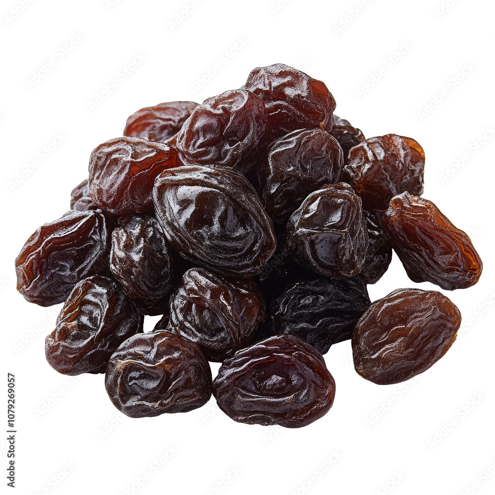 A close-up view of fresh, plump raisins piled neatly on a transparent background, showcasing their rich color and texture, Raisin A close-up view of fresh, plump raisins piled neatly on a transparent background, showcasing their rich color and texture, Raisin