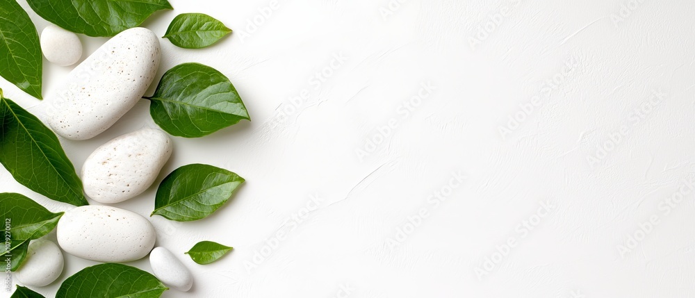 A bunch of white stones and green leaves on a white surface A bunch of white stones and green leaves on a white surface