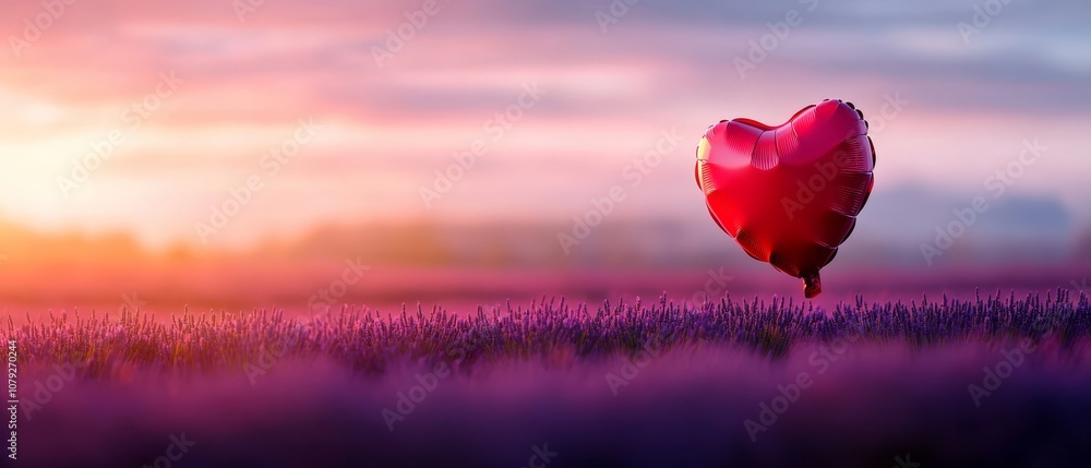 Obraz premium A red heart shaped balloon floating in a lavender field